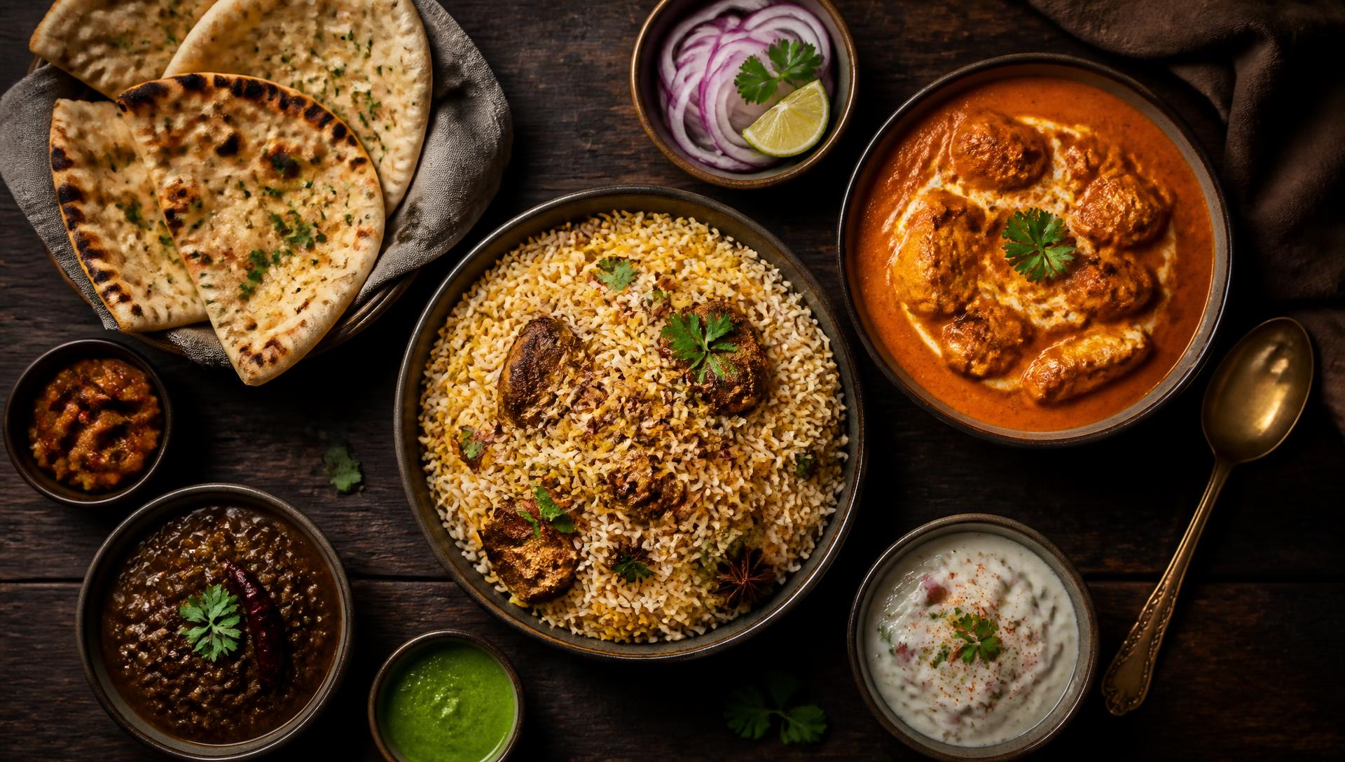 An Indian feast of biryani, butter chicken and naan
